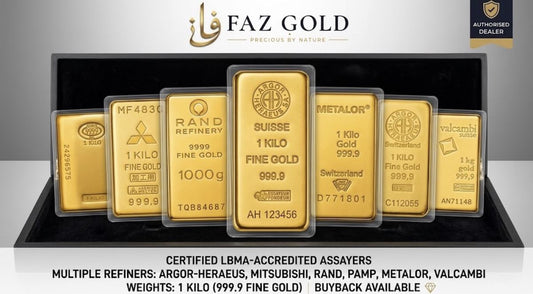 1kg gold bars 999.9 from LBMA-accredited refiners including Argor-Heraeus, Mitsubishi, Rand, PAMP, Metalor and Valcambi, shown in a FAZ GOLD display case