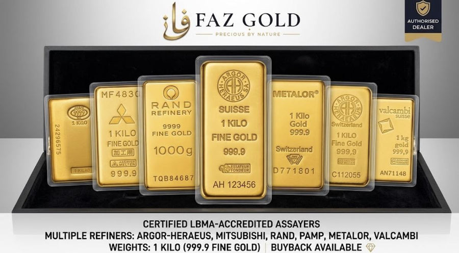 1kg gold bars 999.9 from LBMA-accredited refiners including Argor-Heraeus, Mitsubishi, Rand, PAMP, Metalor and Valcambi, shown in a FAZ GOLD display case