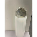 Silver Maple Leaf coin inside a clear capsule, sitting on a storage tube to show the fit