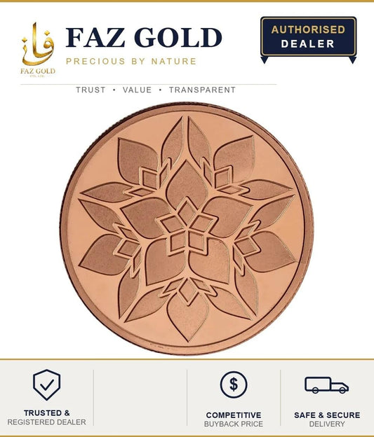 1 oz Luminate copper round 999 fine copper with the Freedom to Flourish mandala design, on a FAZ GOLD authorised dealer card