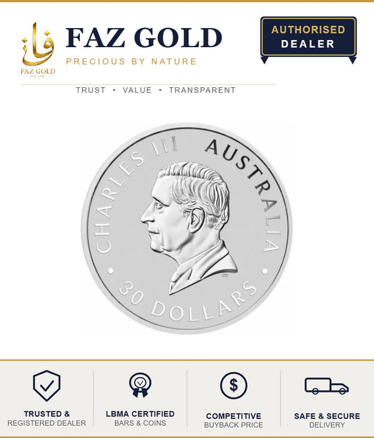 10 oz silver coin obverse with the Charles III portrait and 30 Dollars Australia denomination, on a FAZ GOLD card