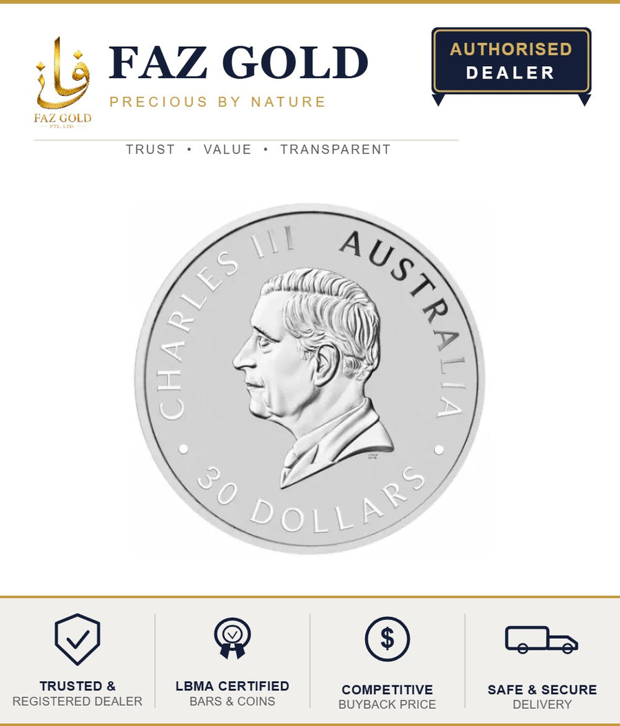 10 oz silver coin obverse with the Charles III portrait and 30 Dollars Australia denomination, on a FAZ GOLD card