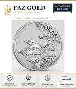 1kg fine silver coin from an LBMA-accredited brand, Perth Mint Kookaburra design shown, on a FAZ GOLD authorised dealer card