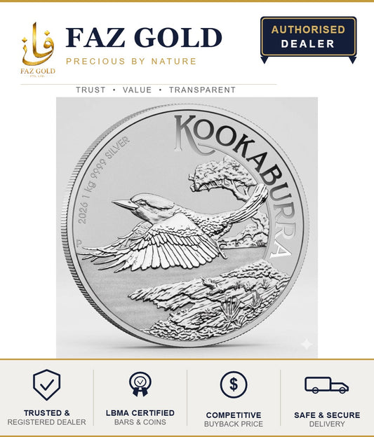 1kg fine silver coin from an LBMA-accredited brand, Perth Mint Kookaburra design shown, on a FAZ GOLD authorised dealer card
