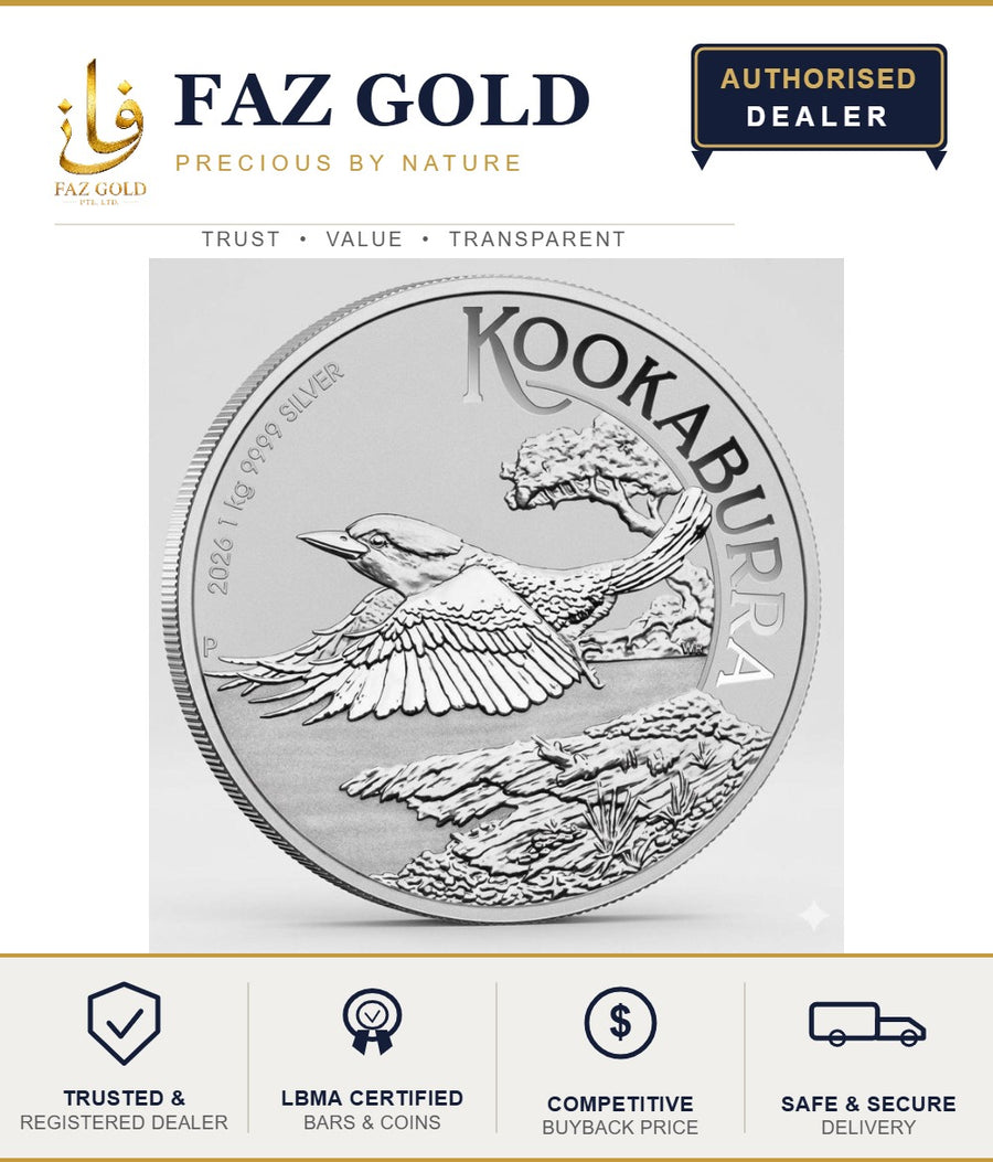 1kg fine silver coin from an LBMA-accredited brand, Perth Mint Kookaburra design shown, on a FAZ GOLD authorised dealer card