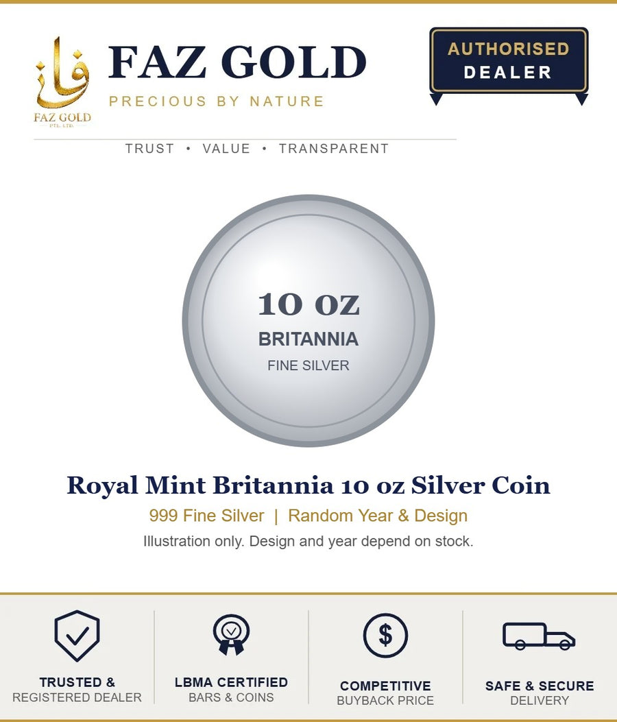 Faz Gold listing card for the Royal Mint Britannia 10 oz silver coin, random year and design