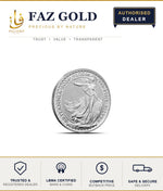 2026 1/10 oz Silver Britannia coin showing the standing Britannia reverse, on a FAZ GOLD authorised dealer card