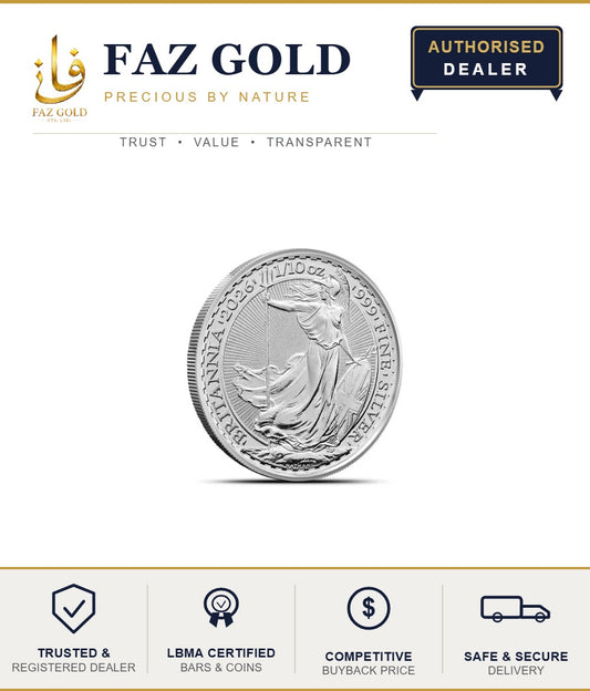 2026 1/10 oz Silver Britannia coin showing the standing Britannia reverse, on a FAZ GOLD authorised dealer card