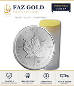 1 oz Canadian Silver Maple Leaf coin 9999 with its storage tube, on a FAZ GOLD authorised dealer card