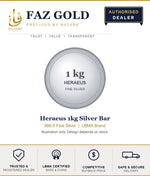 Faz Gold listing card for the Heraeus 1kg silver bar