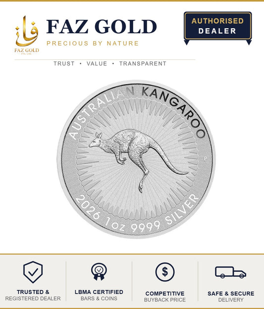 2026 1 oz Australian Kangaroo silver coin 9999, Perth Mint, shown on a FAZ GOLD authorised dealer card
