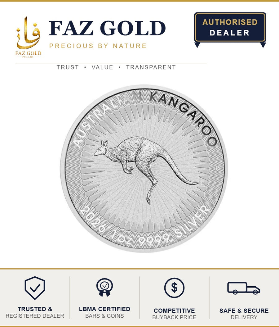 2026 1 oz Australian Kangaroo silver coin 9999, Perth Mint, shown on a FAZ GOLD authorised dealer card