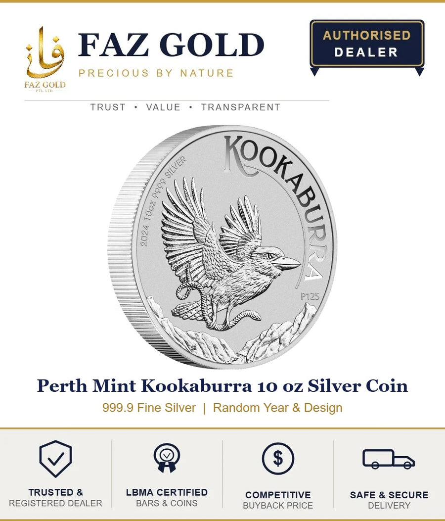 Faz Gold listing card for the Perth Mint Kookaburra 10 oz silver coin, random year