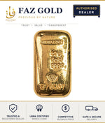 Metalor 50g cast gold bar 999.9 on a FAZ GOLD authorised dealer card
