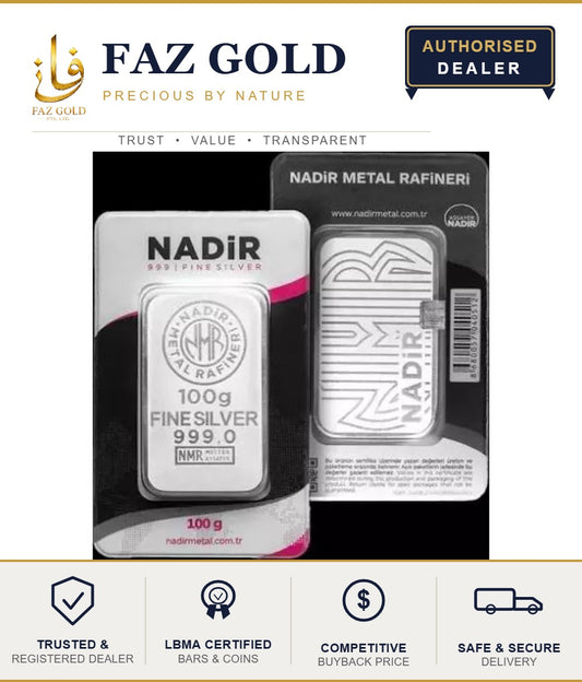 Nadir 100g silver bar 999.0 sealed in its assay blister card, front and back, on a FAZ GOLD card