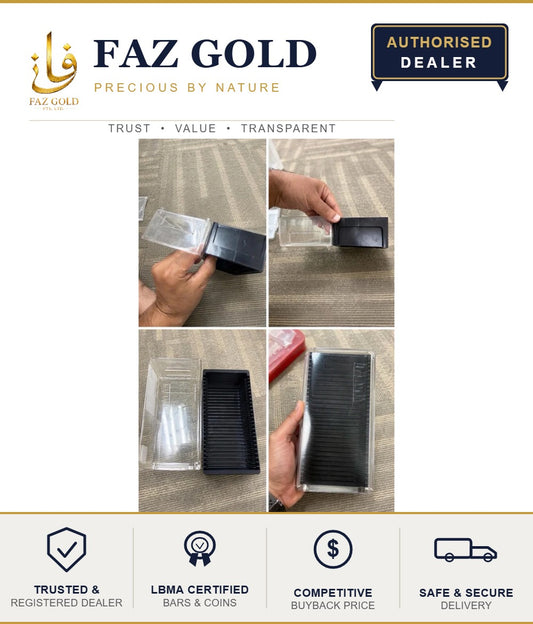 PAMP black storage and display box for CertiPAMP assay-card gold bars, shown from four angles on a FAZ GOLD card