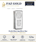 Faz Gold listing card for the Perth Mint 1kg 999.9 silver bar