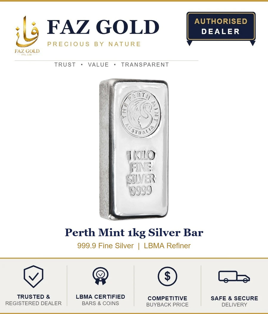 Faz Gold listing card for the Perth Mint 1kg 999.9 silver bar
