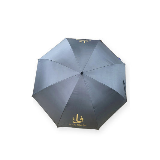 FAZ Gold 27 inch golf umbrella, black with gold logo, top view