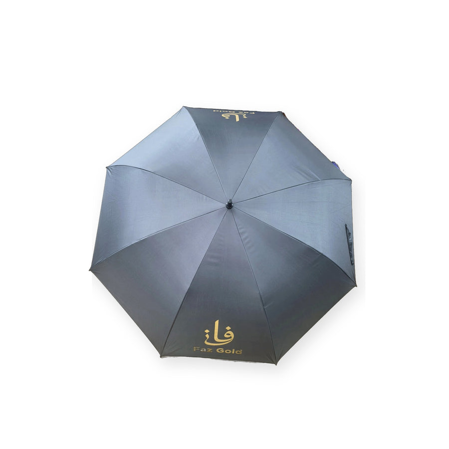 FAZ Gold 27 inch golf umbrella, black with gold logo, top view