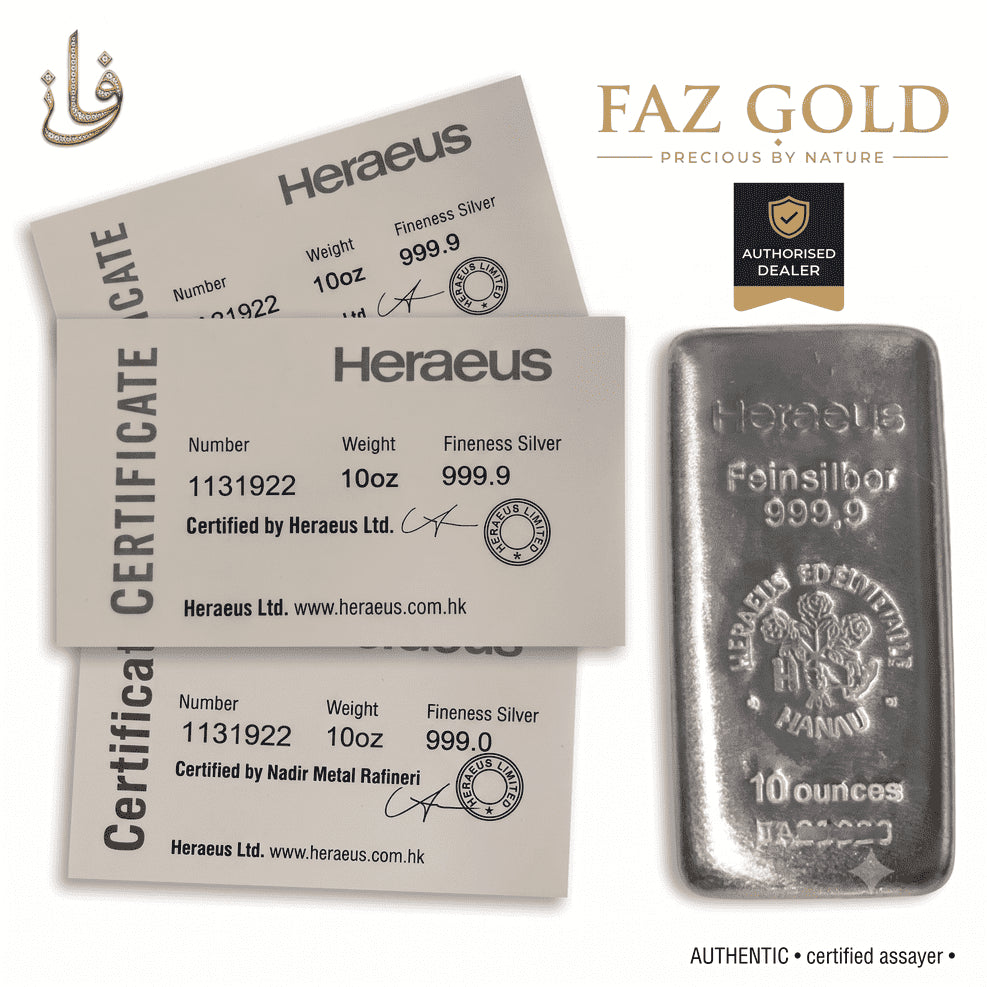 10 oz (311.04g) Silver Bar 999.9 Fine Silver | Heraeus | LBMA Brands