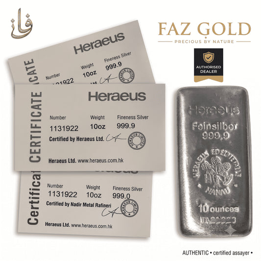 Heraeus 10 oz Feinsilber 999.9 silver bar with its Heraeus assay certificates, on a FAZ GOLD authorised dealer card