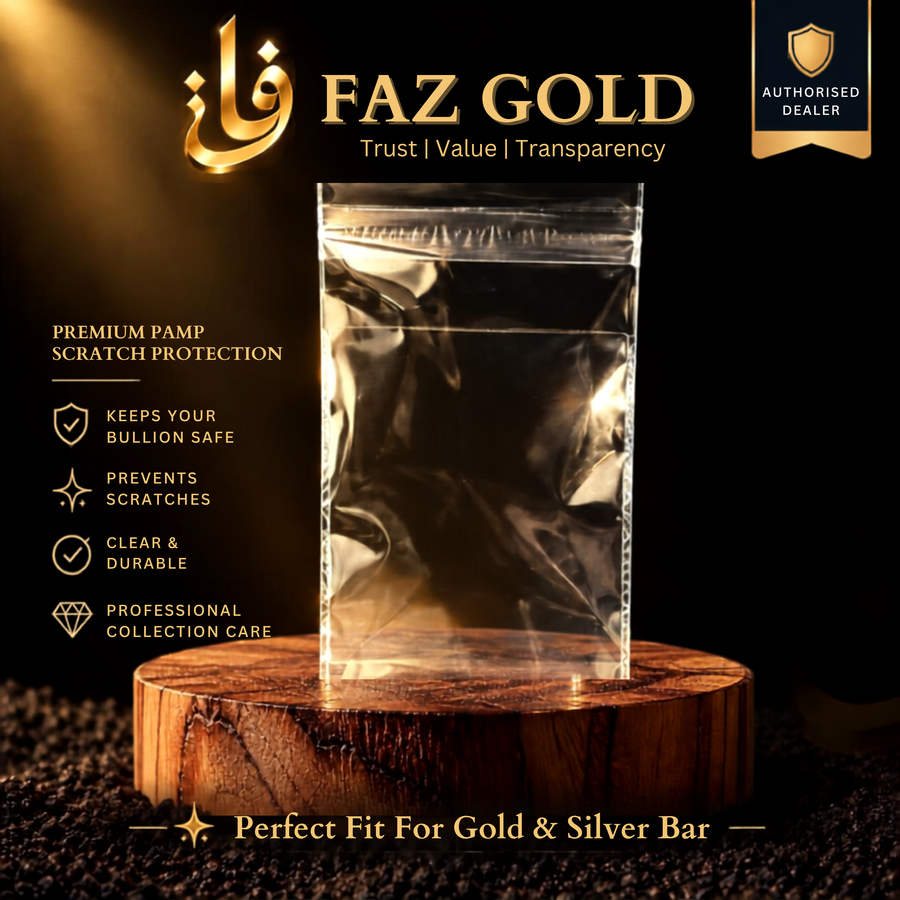 Clear plastic scratch-protection sleeves for bullion bars, 57 x 88 mm, shown in FAZ GOLD packaging