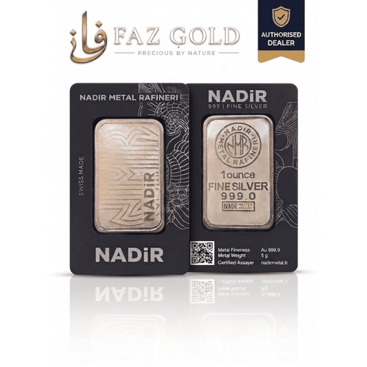 Nadir 1 oz silver bar 999.0 sealed in its assay certificate card, front and back, on a FAZ GOLD card