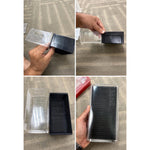 Four views of the PAMP storage box in hand, showing the slotted tray and clear sliding lid