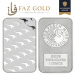 Perth Mint 1 oz silver bar 9999, kangaroo pattern reverse and Perth Mint swan obverse, on a FAZ GOLD card