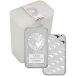 Perth Mint 1 oz 9999 fine silver bar shown with both faces in front of its sealed storage box