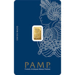 PAMP Suisse 1g gold bar with the Lady Fortuna design, Swiss Made, sealed in its blue assay card