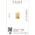 Certificate face of the PAMP Suisse 1 g fine gold 999.9 bar showing certificate number, fineness, weight and Veriscan