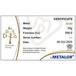 Metalor assay certificate for a 50g gold bar listing metal, weight 50g, fineness 999.9 and serial number
