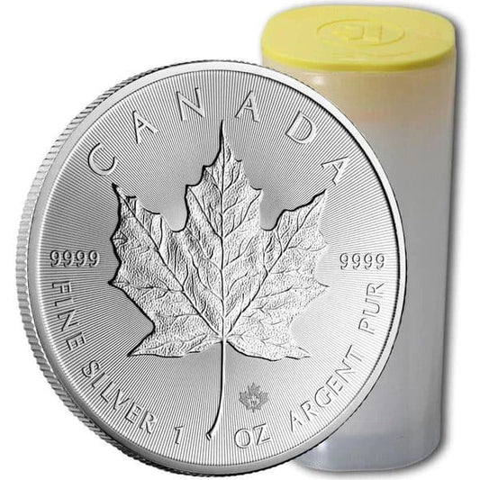 Reverse of the 1 oz Silver Maple Leaf showing the maple leaf, 9999 fine silver and radial security lines