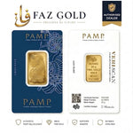 PAMP Suisse 20g gold bar 999.9 in its Veriscan assay card, Lady Fortuna face and certificate face, on a FAZ GOLD card