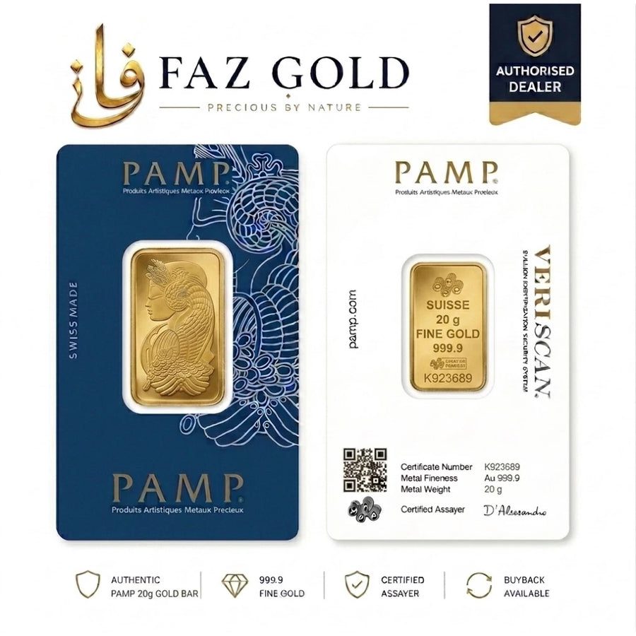 PAMP Suisse 20g gold bar 999.9 in its Veriscan assay card, Lady Fortuna face and certificate face, on a FAZ GOLD card