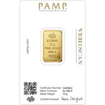Certificate face of the PAMP Suisse 10 g fine gold 999.9 bar showing certificate number, fineness, weight and Veriscan