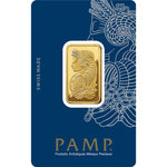 PAMP Suisse 20g gold bar with the Lady Fortuna design, Swiss Made, sealed in its blue assay card