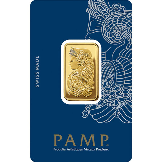 PAMP Suisse 20g gold bar with the Lady Fortuna design, Swiss Made, sealed in its blue assay card