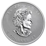 Obverse of the 1 oz Silver Maple Leaf showing the Queen Elizabeth II effigy and 5 Dollars denomination