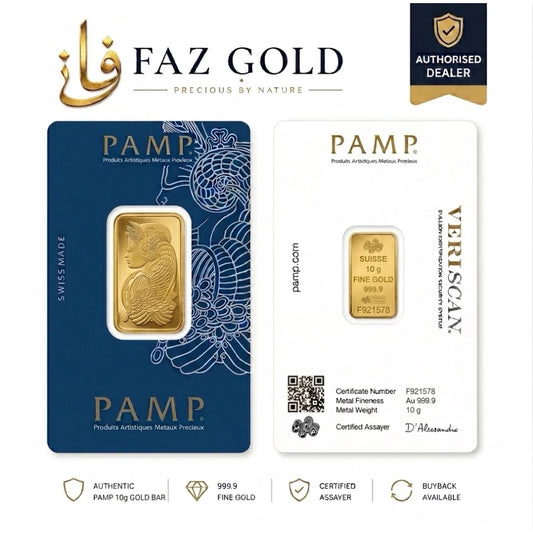 PAMP Suisse 10g gold bar 999.9 in its Veriscan assay card, Lady Fortuna face and certificate face, on a FAZ GOLD card
