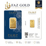 PAMP Suisse 2.5g gold bar 999.9 in its Veriscan assay card, Lady Fortuna face and certificate face, on a FAZ GOLD card