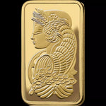 Close view of the PAMP Lady Fortuna relief on the face of the 5g gold bar