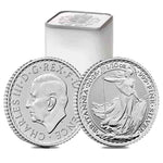 Britannia 2026 1/10 oz silver coins showing the Charles III obverse and Britannia reverse, with a coin tube behind