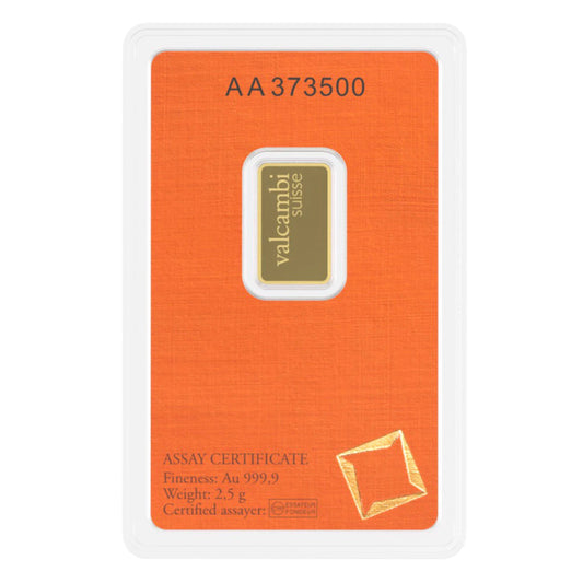 Valcambi Suisse 2.5g gold bar in its sealed orange assay certificate card showing fineness Au 999.9 and weight 2.5 g