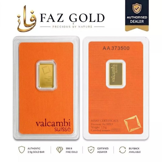 Valcambi Suisse 2.5g gold bar 999.9 sealed in its orange assay card, front and back, on a FAZ GOLD card