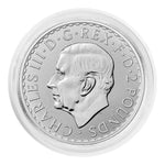 Obverse of the 1 oz Silver Britannia in a protective capsule, showing the Charles III portrait and 2 Pounds denomination