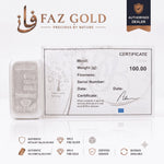 Metalor 100g silver bar with its assay certificate showing metal, weight and serial number, on a FAZ GOLD card
