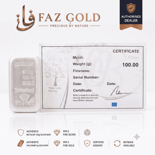 Metalor 100g silver bar with its assay certificate showing metal, weight and serial number, on a FAZ GOLD card